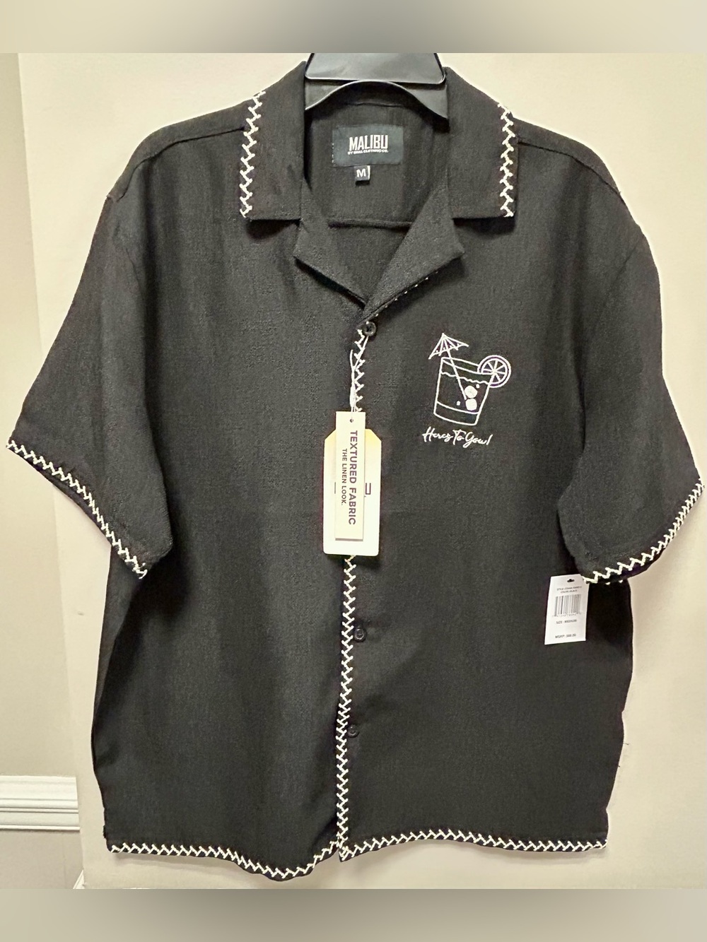 Malibu Men's Black Short-Sleeve Camp Shirt with Contrast Stitch Sz L NWT